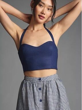 REFORMATION Orzo 100% Linen Halter Crop Top in Challah Navy Blue NWOT